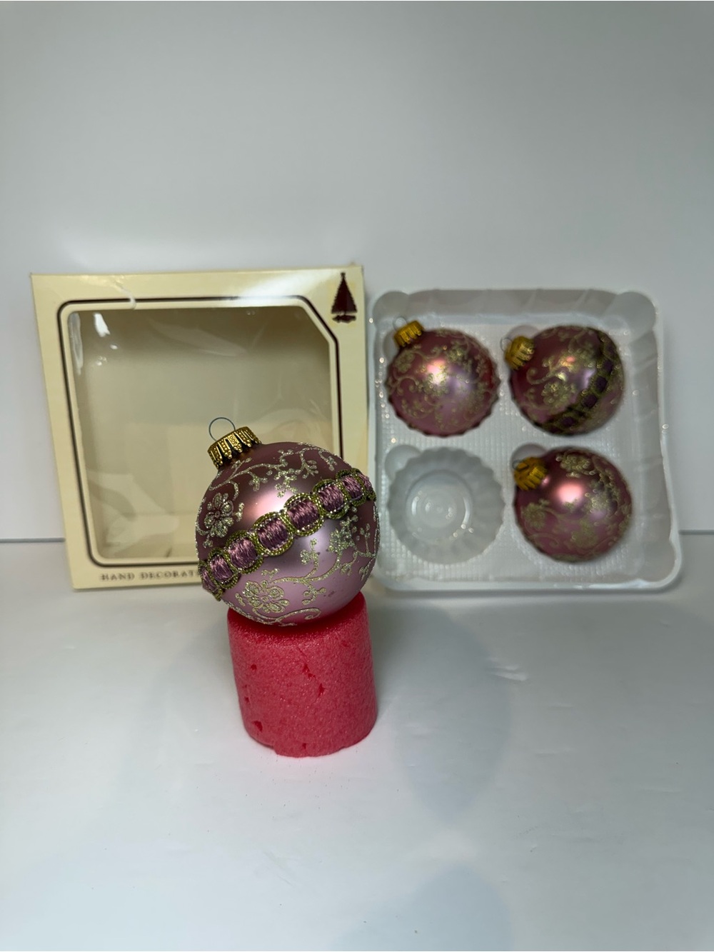 Box of Vintage Christmas by Krebs Ornate Oranments (4) Pink